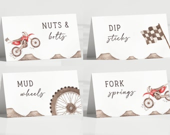 Editable Dirt Bike Food Tents, Motorbike Party Food Drink Label, Red Dirt Bike Food Tent Table Decor, Dirt Bike Party Sign, Digital Download