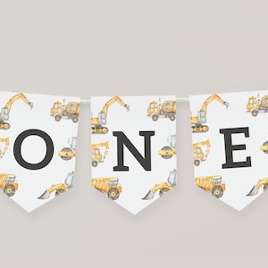 Peut inclure: Une bannière blanche avec un motif répété de véhicules de chantier jaunes. La bannière est divisée en trois sections avec les lettres "O", "N" et "E" en noir.