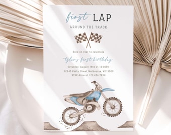 First Lap Dirt Bike Birthday Invitation, Editable Blue Dirtbike 1st B'day Party, 1st Lap Around The Track Racing Invite, Digital Download