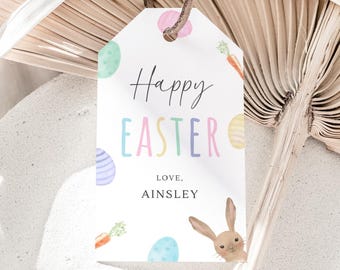 Editable Happy Easter Tag, Easter Eggs & Bunny Gift Tag Template, Easter Egg Hunt Party Favor Tag, Pastel Happy Easter Tag, Digital Download