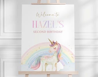 Unicorn & Rainbow Birthday Welcome Sign, Editable Pastel Unicorn Two Magical Party Welcome Decor, Young Wild Three B'day, Digital Download