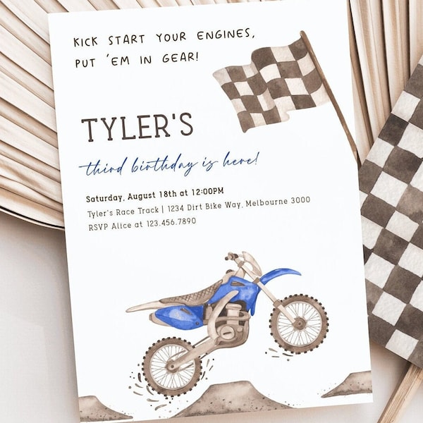 Blue Dirt Bike Invitation, Editable Dirt Bike Birthday Invite, Any Age Invite, Race On Over, Motorbike B'day Party Invite, Digital Download