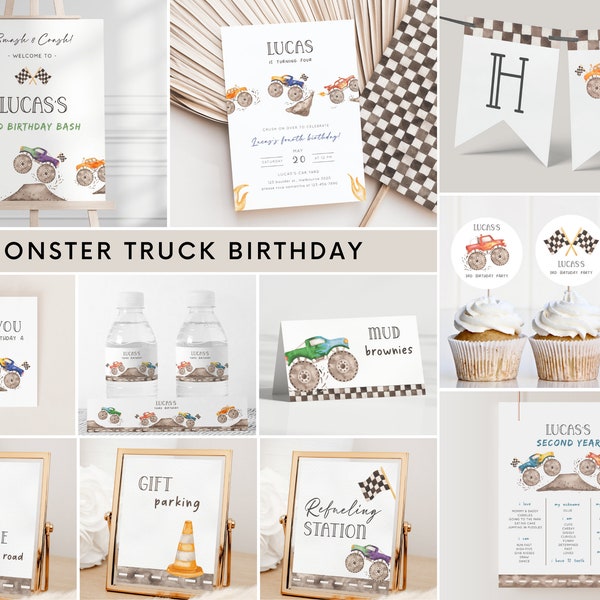 Editable Monster Truck Birthday Bundle, Monster Truck Any Age Invitation, Editable Template, Monster Cars Truck Party Decoration Bundle