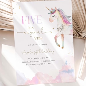 May include: A whimsical birthday invitation with a watercolor unicorn illustration. The text reads "FIVE is a magical VIBE" in a playful font. The invitation includes details for Hazel's fifth birthday.
