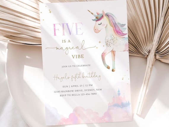 Five Is A Magical Vibe Unicorn Birthday Invitation, Editable Magical Unicorn 5th B'day Invite, Pastel Girl Unicorn Party, Digital Download