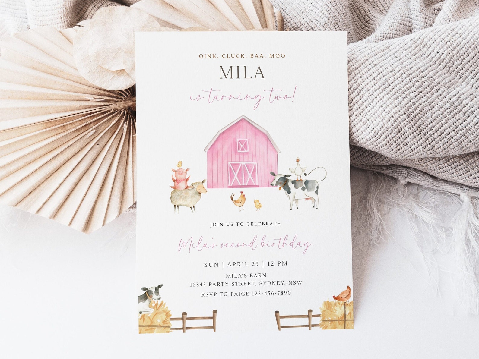 Pink Farm Birthday Party Invitation, Editable Girl Barn Animals B'day ...