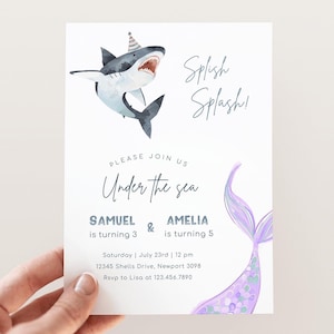 Editable Mermaid & Shark Birthday Invitation, Siblings Joint Birthday Party Invite, Minimalist Under The Sea Shark Mermaid, Digital Download