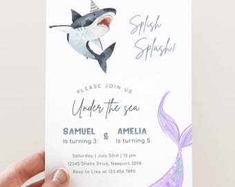 Editable Mermaid & Shark Birthday Invitation, Siblings Joint Birthday Party Invite, Minimalist Under The Sea Shark Mermaid, Digital Download