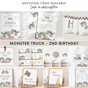 May include: Monster truck themed birthday party printable decorations. The set includes a welcome sign, invitation, banner, thank you card, cupcake toppers, water bottle labels, and signs for a gift table, refueling station, and take one for the road. The colors are brown, blue, green, and black.
