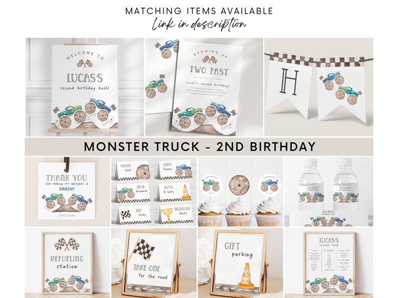 May include: Monster truck themed birthday party printable decorations. The set includes a welcome sign, invitation, banner, thank you card, cupcake toppers, water bottle labels, and signs for a gift table, refueling station, and take one for the road. The colors are brown, blue, green, and black.