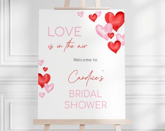 Love Is In The Air Bridal Shower Welcome Sign, Editable V'day Bridal Party Sign, Minimalist Red Pink Hearts Bridal Decor, Digital Download