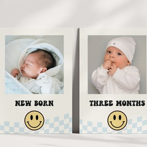 Ein glücklicher Dude Foto Banner, bearbeitbar 12 Monate Junge 1. Geburtstag Retro Smiley Dekor, ein glücklicher Dude Meilenstein Foto Banner, digitaler Download
