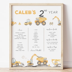 Signo de hito del segundo cumpleaños de construcción, plantilla editable, cumpleaños de camiones de construcción, cartel de hito del segundo año, descarga digital