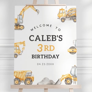 Signo de bienvenida de cumpleaños de construcción editable, camión de construcción cualquier edad B'day fiesta signo de bienvenida, decoración de signos de construcción, descarga digital
