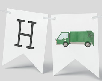 May include: A green garbage truck with a recycling symbol on the side. The truck is on a white banner with the letter "H" on the left side.