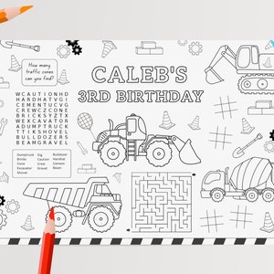 Puede incluir: Una p&aacute;gina para colorear imprimible en blanco y negro con veh&iacute;culos de construcci&oacute;n y un crucigrama. La p&aacute;gina incluye un t&iacute;tulo que dice "Caleb's 3rd Birthday".