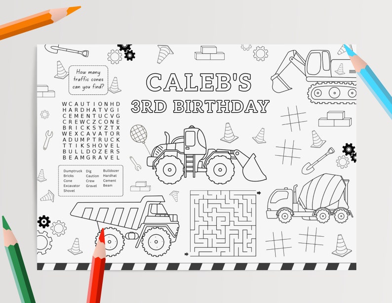 Puede incluir: Una p&aacute;gina para colorear imprimible en blanco y negro con veh&iacute;culos de construcci&oacute;n y un crucigrama. La p&aacute;gina incluye un t&iacute;tulo que dice "Caleb's 3rd Birthday".