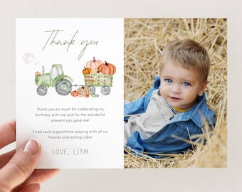 Editable Tractor & pumpkins Birthday Thank You Photo Card, Green Tractor Fall B'day Thank You Note, Farm Tractor Party, Digital Download