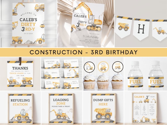 Construction Dirty 3RD-Y Birthday Invitation Bundle, Editable Template, Construction Truck 3rd B'day Party Invite & Signs, Digital Download