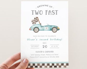 Growing Up TWO Fast Birthday Invitation, Editable Boy 2nd B'day Race Car Invite, Vintage Racing Car Second B'day Party, Digital Download