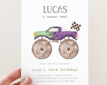 Monster Truck Invitation, Editable Monster Truck Birthday Invite, Purple Green Monster Truck, Racing Truck Birthday Party, Digital Download
