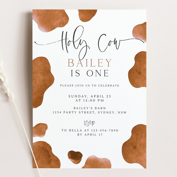 Holy Cow Birthday Invitation, Editable Template, Brown Cow B'day Invite, Boho Cow Party, Gender Neutral Holy Cow I'm One, Digital Download