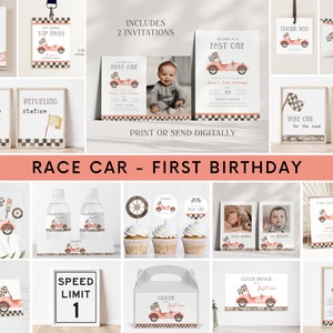 Editable Fast ONE Birthday Invitation Bundle, Red Racing Car 1st Birthday Invite + Decor Large Bundle, Car Party Signs, Digital Download