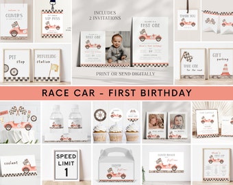 Editable Fast ONE Birthday Invitation Bundle, Red Racing Car 1st Birthday Invite + Decor Large Bundle, Car Party Signs, Digital Download