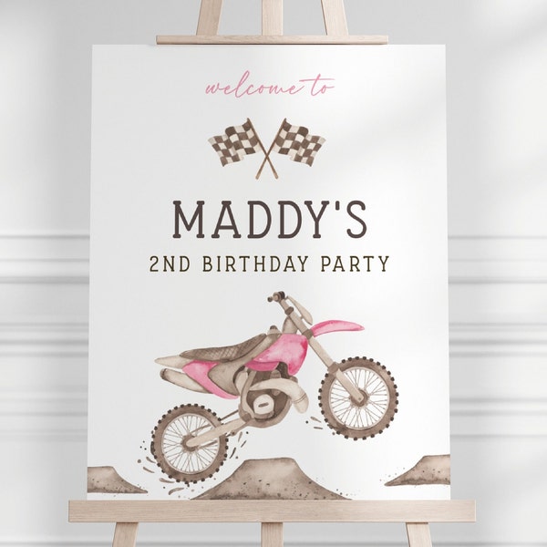 Pink Dirt Bike Welcome Sign, Editable Template, Girl Pink Racing Dirt Bike Birthday Party Decor, Race Bike Party Signs, Digital Download