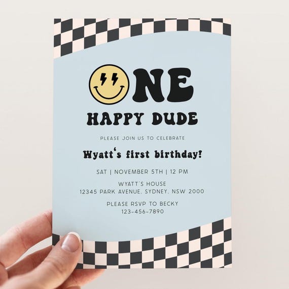 Editable ONE Happy Dude Birthday Invitation, Boy 1st Birthday Invite, Retro Smiley Face B'day Invite, Happy Dude 1st B'day Digital Download