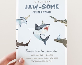Any Age Sharks Birthday Invitation, Editable Template, Jawsome Sharks Party Invite, Under The Sea Party, Ocean Shark B&#39;day, Digital Download