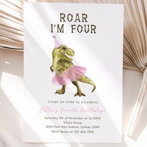 Roar I'm Four T-Rex & Tutu verjaardagsuitnodiging, bewerkbare meisje dinosaurus roze tutu B'day uitnodiging, Tutu Dino 4e verjaardagsfeestje digitale download
