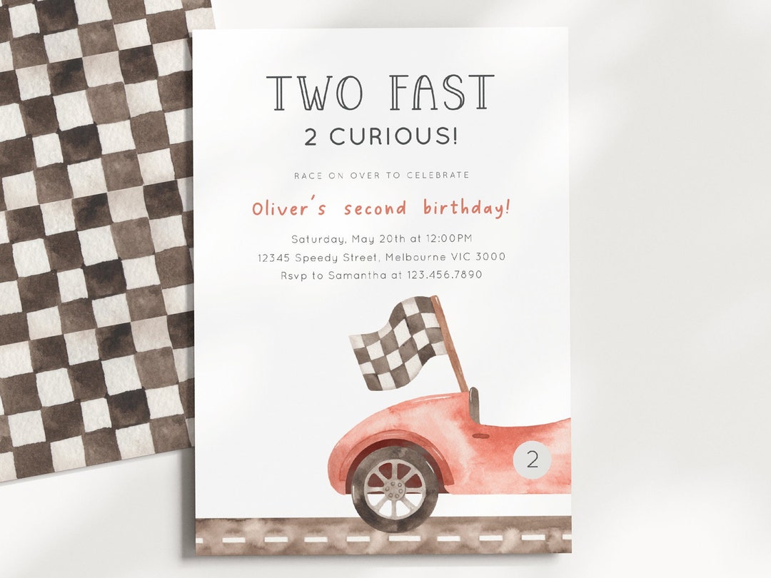 Editable Two Fast 2 Curious Birthday Invitation, Vintage Red Car Party