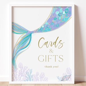 Cartes de sirène et signe de cadeaux, modèle modifiable, signes de partie de sirène bleu violet, décor d'anniversaire de sirène, sous la mer Bday, téléchargement numérique