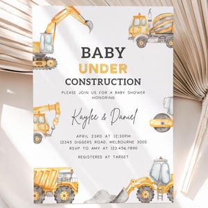 Editable Construction Baby Shower Invitation, Construction Trucks Baby Shower Invite, Baby Under Construction Party Invite, Digital Download