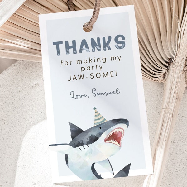 Shark Party Favors Thank You Tag, Editable Template, Shark Birthday Party Tag, Sharks Bday Favors Tag, Sharks B'day Decor, Digital Download