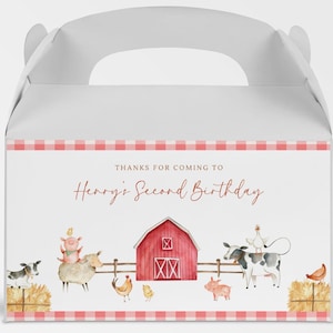 Red Barn Gable Box Etikett, bearbeitbare Bauernhof Tiere Geburtstag Favor Box Aufkleber, Bauernhof Tiere B'day Party Geschenk Box Etikett, digitaler Download