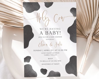 Holy Cow Baby Shower Invitation, Editable Template, Minimalist Cow Baby Shower Invite, Gender Neutral Farm Shower Invite, Digital Download