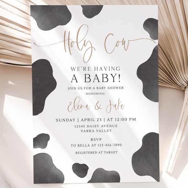 Invitación al baby shower de la vaca sagrada, plantilla editable, invitación minimalista al baby shower de la vaca, invitación a la ducha de la granja de género neutro, descarga digital