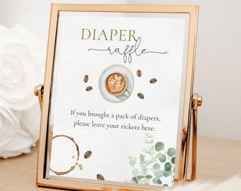 Coffee Diaper Raffle Sign Baby Shower, Editable Greenery Coffee Shower Diaper Raffle Table Sign, A Baby Is Brewing, Digital Download