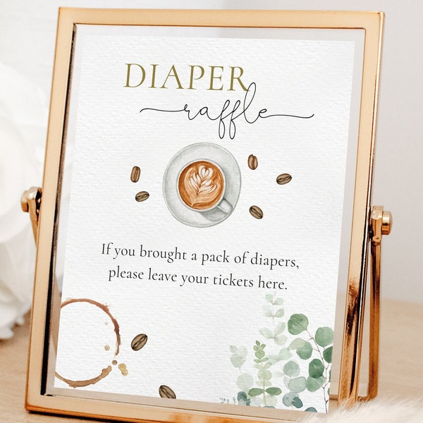 Coffee Diaper Raffle Sign Baby Shower, Editable Greenery Coffee Shower Diaper Raffle Table Sign, A Baby Is Brewing, Digital Download