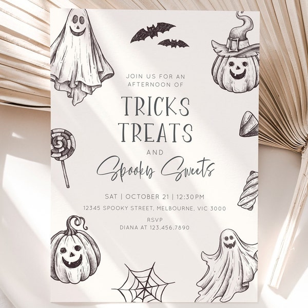 Halloween Party Invitation, Editable Template, Trick or Treats Party Invite, Spooktacular Halloween Gender Neutral Invite, Digital Download