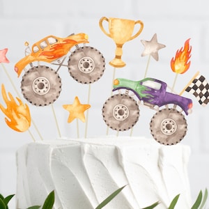Monster Truck Cake Toppers, Purple Green & Orange Monster Truck Party, Printable Cake Decoration, Racing Trucks Birthday, Digital Download
