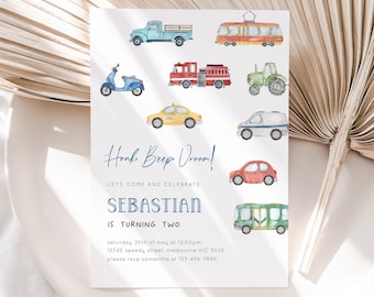 Editable Transportation Birthday Invitation, Transport Vehicle B'day Invite, Minimalist Car Tram Bus Tractor Truck Invite, Digital Download