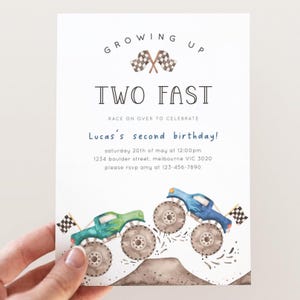 Two Fast Monster Truck Invitation, Editable Template, Green Blue Monster Truck 2nd Birthday Party, Growing Up 2 Fast Invite Digital Download