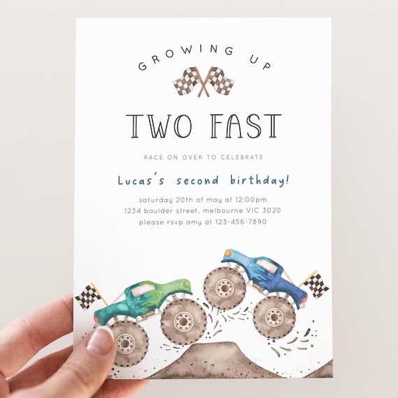 Two Fast Monster Truck Invitation, Editable Template, Green Blue Monster Truck 2nd Birthday Party, Growing Up 2 Fast Invite Digital Download