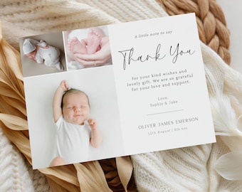 New Baby Birth Announcement Card, Editable Baby Thank You Announcement Photo Note, Minimalist Baby Thank You Photo Cards, Digital Download