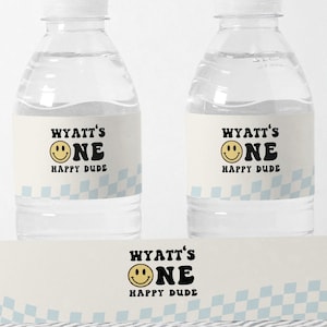 One Happy Dude Water Bottle Label, Editable Template, Smiley 1st Birthday Party Decor, Happy Dude Drink Water Wrapper, Digital Download