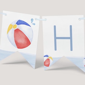 Pool Party Happy Birthday Banner, Editable Beach Ball Party B'day Party Banner, Summer Pool B'day Printable Garland Decor, Digital Download