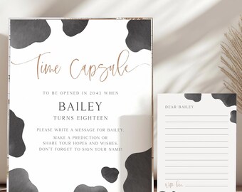 Cow Birthday Time Capsule Sign, Editable Template, Holy Cow I'm One Time Capsule & Message Card, Cow Farm 1st Bday Party, Digital Download